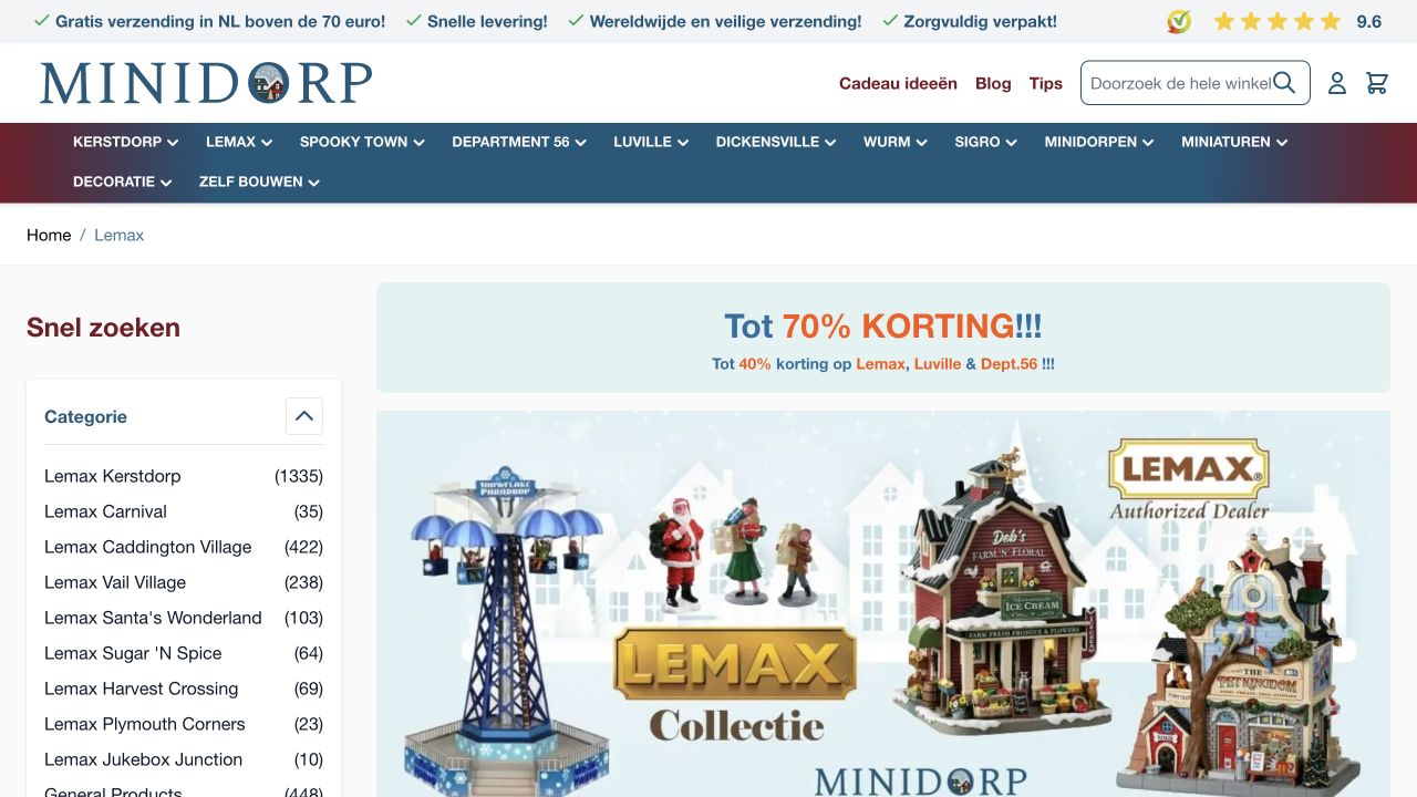 Een collectiepagina met herkenbare categorieën: bezoekers kunnen gericht hun miniatuurdorp samenstellen.