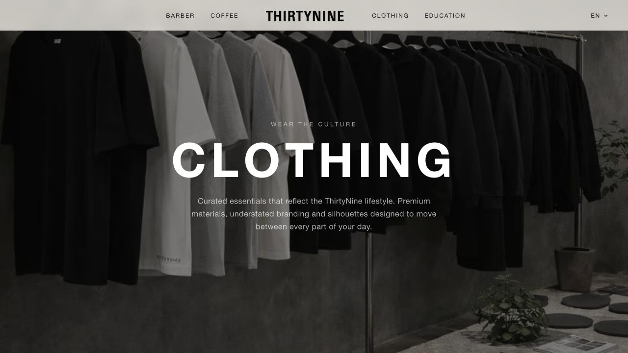 A dedicated presentation for the clothing collection within the recognisable ThirtyNine style.