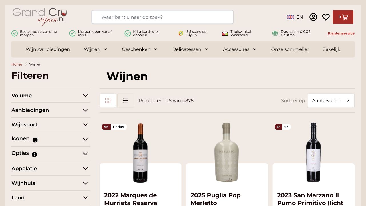 Filters and product listings help visitors navigate an extensive wine selection.